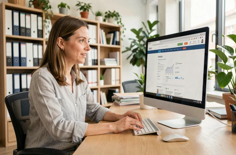 Femme consultant la structure complète d'un site web sur un écran d'ordinateur dans un bureau moderne