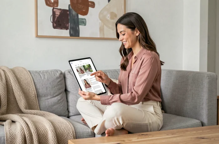 Jeune femme souriante consultant les rubriques d'un blog sur une tablette depuis son salon contemporain