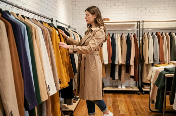 Femme stylée qui fait du shopping dans une boutique tendance et parcourt un portant de vêtements colorés