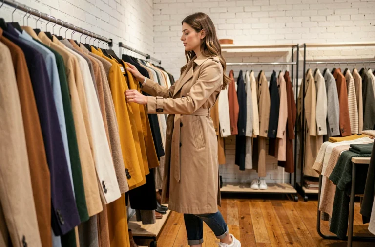 Femme stylée qui fait du shopping dans une boutique tendance et parcourt un portant de vêtements colorés