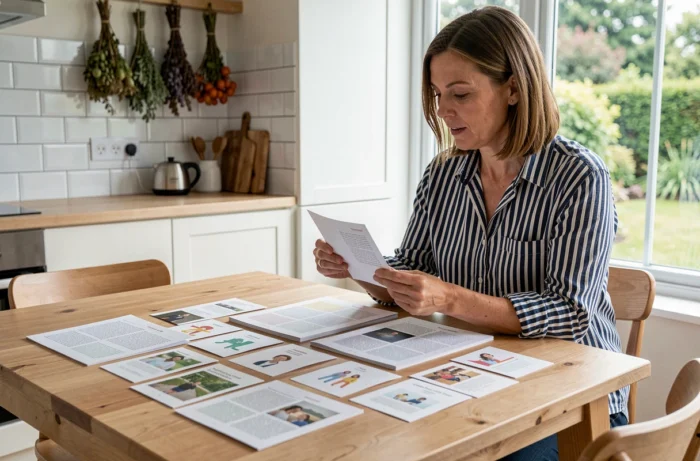 Femme parcourant des fiches de rubriques colorées étalées sur une table en bois dans une cuisine scandinave