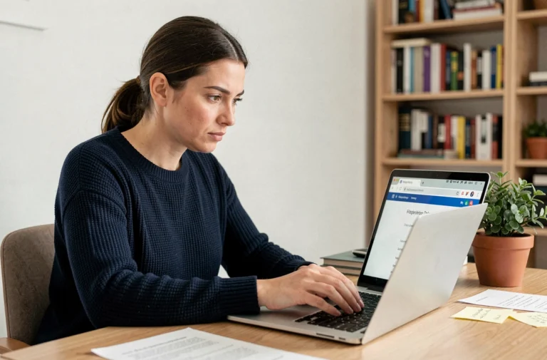 Femme analysant la fiabilité d'un site internet sur son ordinateur portable dans un bureau à domicile