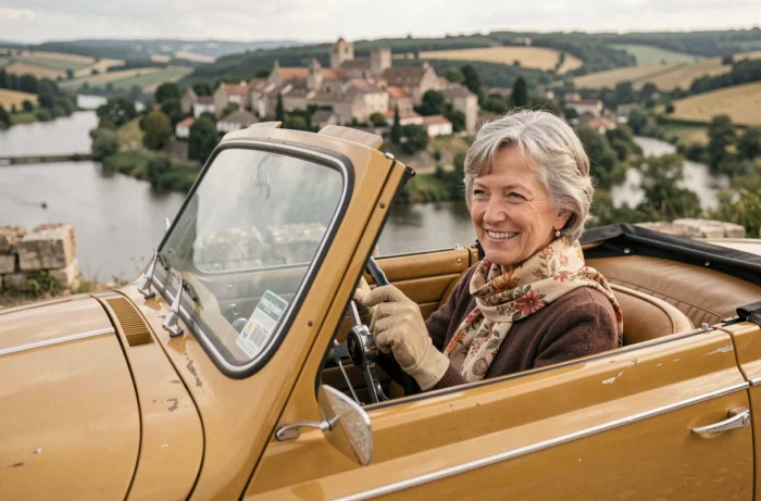 Femme souriante au volant d'une Peugeot 203 cabriolet jaune moutarde des années 1950, arrêtée à un belvédère avec vue sur la vallée de la Dordogne et village médiéval