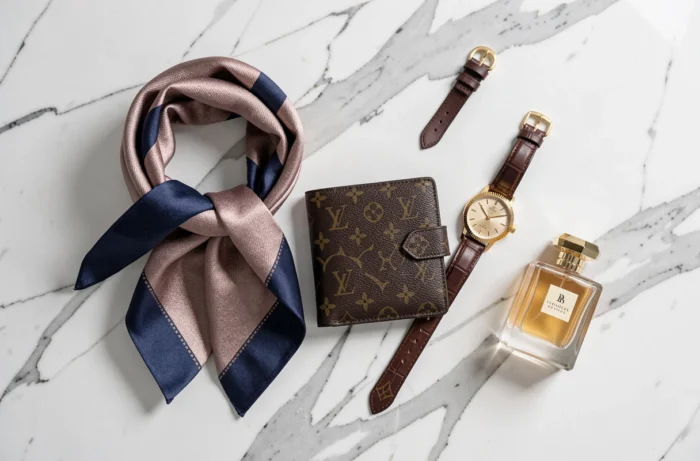 Flat-lay élégant d'accessoires de luxe sur marbre blanc incluant foulard en soie, montre dorée, portefeuille monogrammé et parfum de créateur