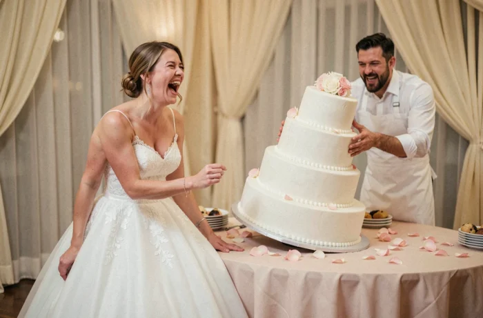 Mariée hilare devant un gâteau de mariage qui s'effondre lors de la réception