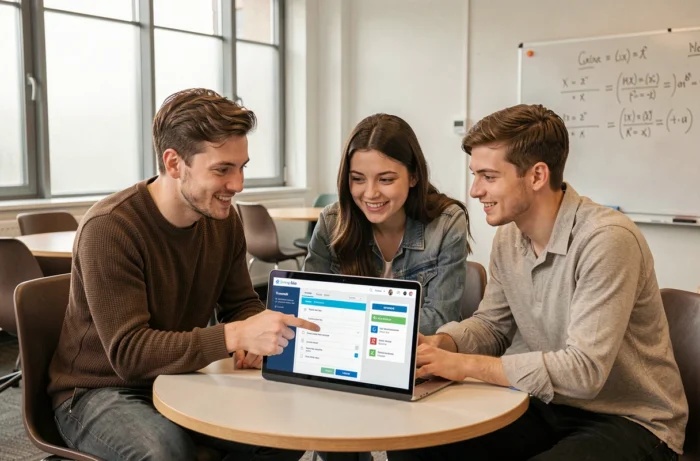Groupe d'étudiants ingénieurs de l'Esigelec utilisant ensemble un service administratif en ligne sur laptop dans un espace collaboratif