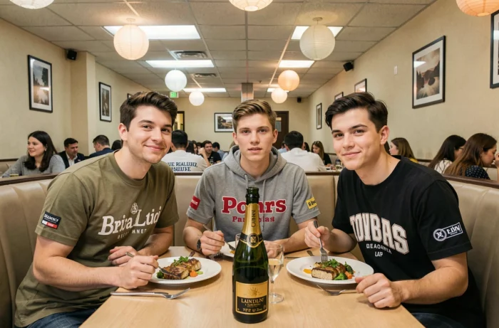 Groupe de jeunes adultes mettant en scène un dîner luxueux pour les réseaux sociaux, illustration des comportements typiques des faux riches