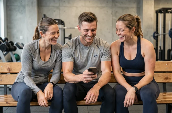 Groupe d'adultes en tenue de sport discutant de leurs progrès sportifs sur un smartphone dans un espace de récupération de salle de gym moderne