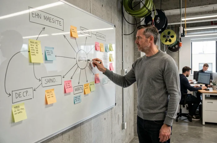 Homme présentant une architecture de site web sur un tableau blanc dans un bureau tech moderne