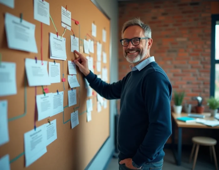Homme présentant la cartographie complète des ressources et sections d'un site web sur un tableau d'organisation