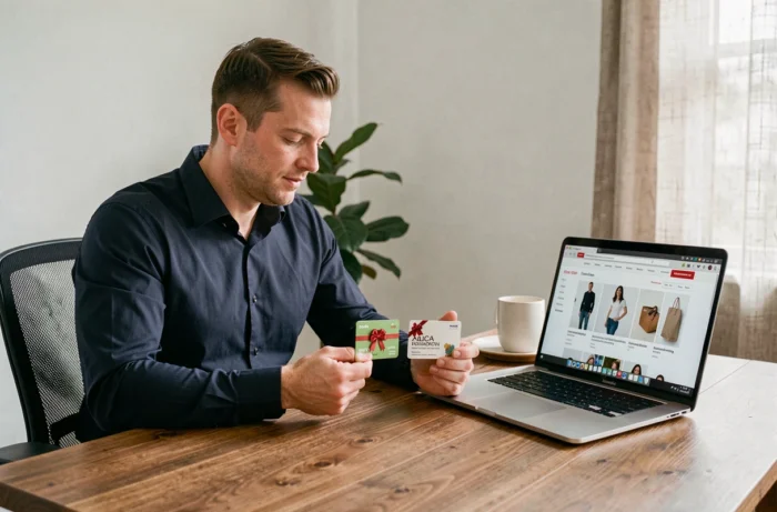 Homme comparant des cartes cadeaux sur un bureau à domicile avec un ordinateur portable ouvert