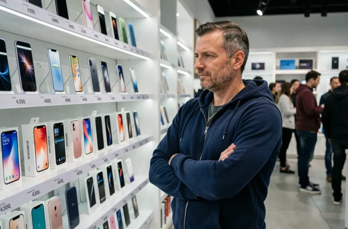 Homme comparant différents modèles d'iPhones en magasin pour trouver le meilleur rapport qualité-prix