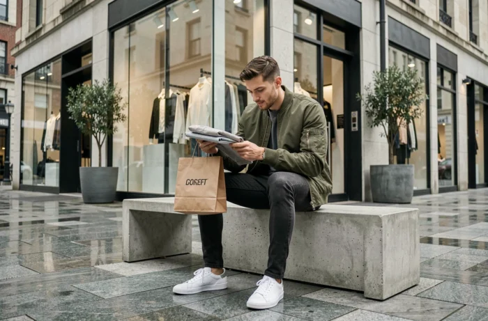 Homme assis devant un concept store tendance tenant un sac shopping et inspectant une pièce de mode