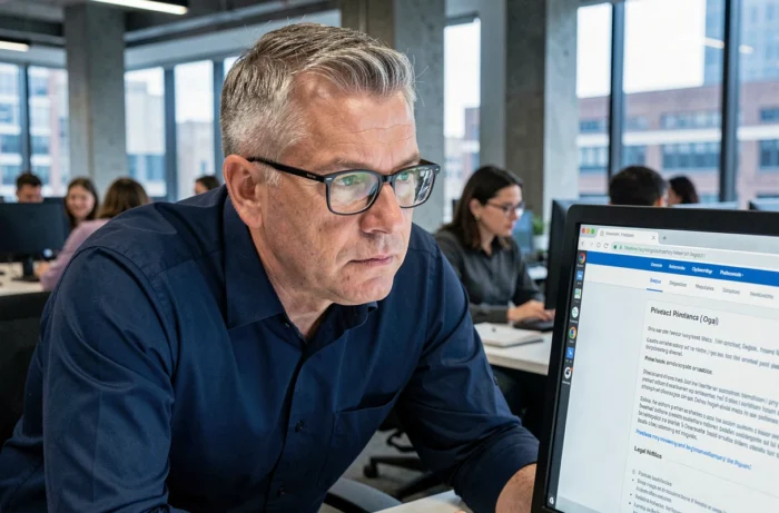 Homme en open space lisant une politique de confidentialité en ligne sur son ordinateur de bureau