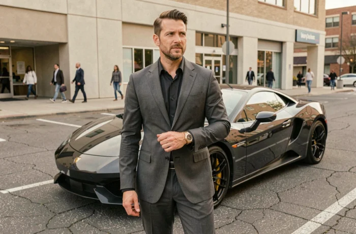 Homme en costume de marque mal ajusté posant devant une voiture de luxe louée, illustrant les signes caractéristiques d'une fausse richesse