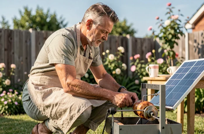 Homme ajustant un tourne-broche solaire écologique dans son jardin lors d'un barbecue estival