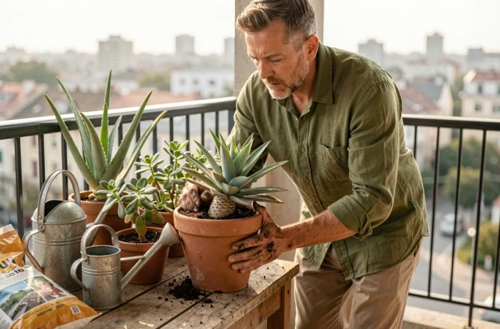 Homme rempotant une succulente dans un pot en terre cuite sur un balcon en bois avec plusieurs plantes grasses arrangées autour de lui