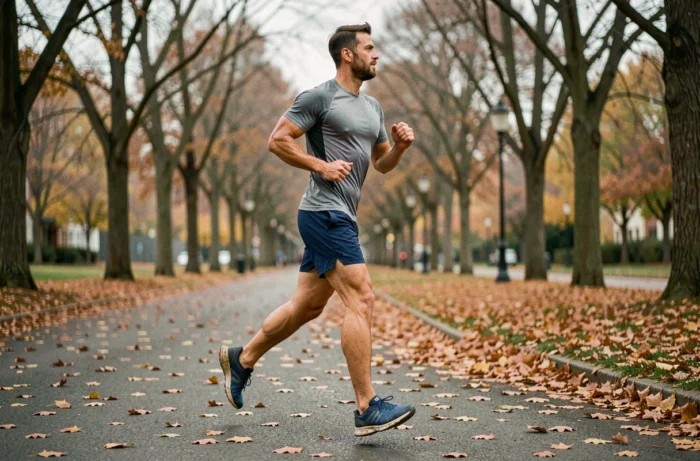 Homme en train de courir dans un parc urbain en automne, illustrant la motivation sportive et les bienfaits de l'exercice quotidien en plein air