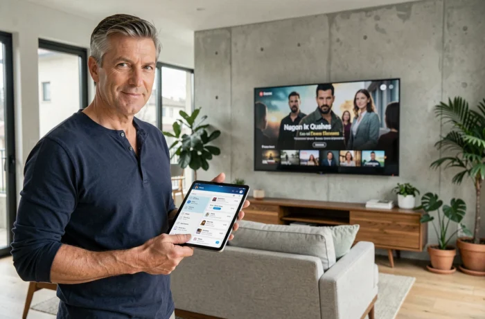 Homme debout dans un salon moderne consultant le sitemap d'une plateforme de séries TV sur une tablette