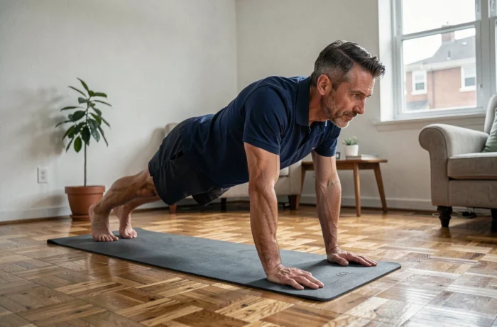 Homme d'âge moyen faisant du sport à domicile sur un tapis de yoga dans son salon