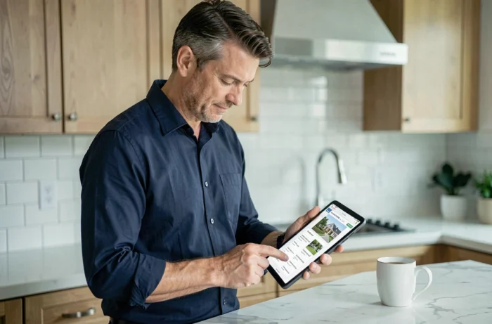 Homme consultant le plan d'un site immobilier sur une tablette dans une cuisine moderne