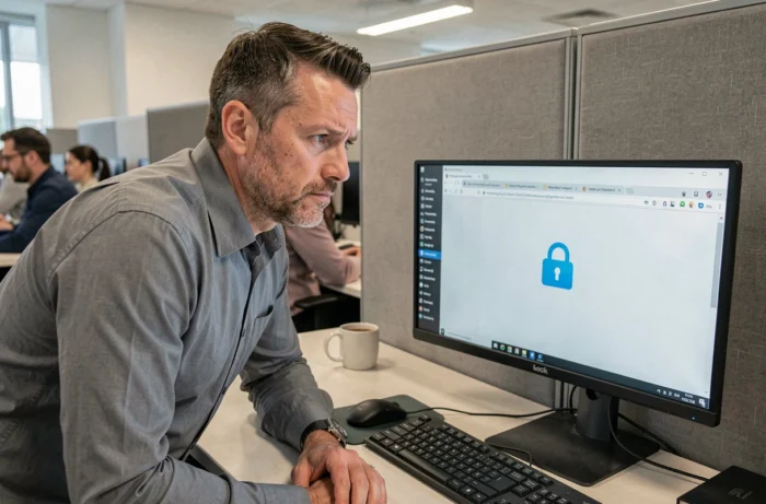 Homme vérifiant le certificat HTTPS et le cadenas de sécurité d'un site web au bureau