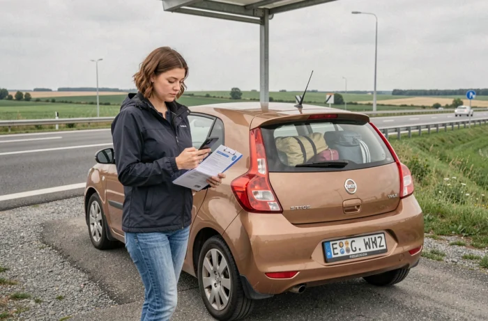 Femme consultant des documents d'importation automobile au bord d'une route polonaise lors d'un trajet retour vers la France