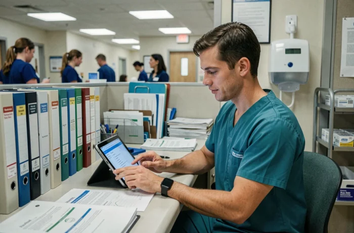 Infirmier utilisant une tablette médicale à un poste de soins dans un service hospitalier