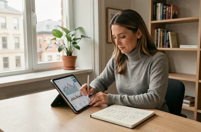 Investisseuse analysant l'évolution boursière de Logic Instrument sur une tablette depuis son bureau à domicile