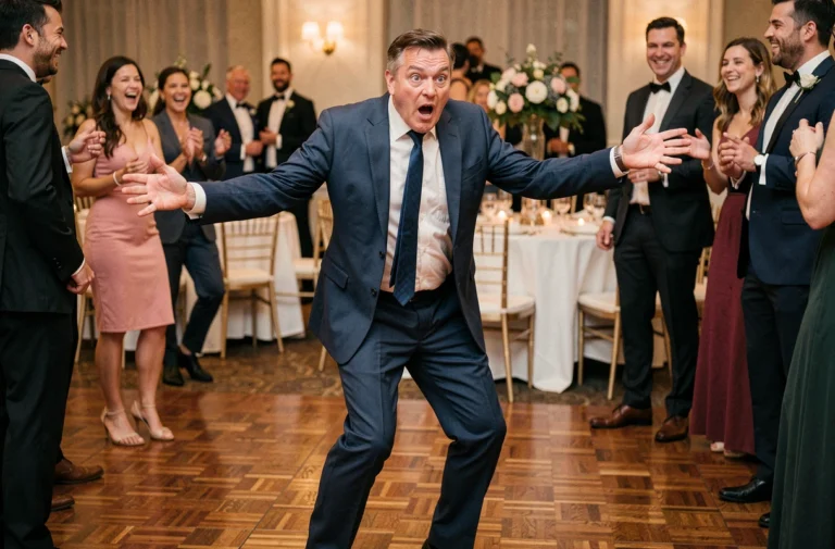 Invité de mariage trébuchant sur la piste de danse lors de la réception, scène hilarante et authentique