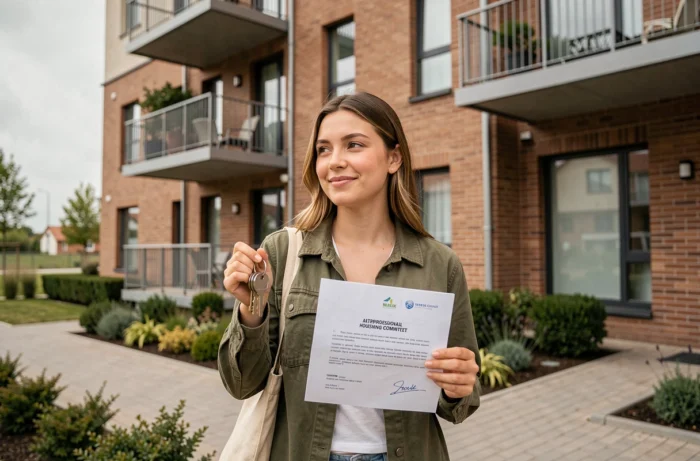 Jeune femme tenant ses clés et une lettre d'attribution de logement devant un immeuble résidentiel moderne