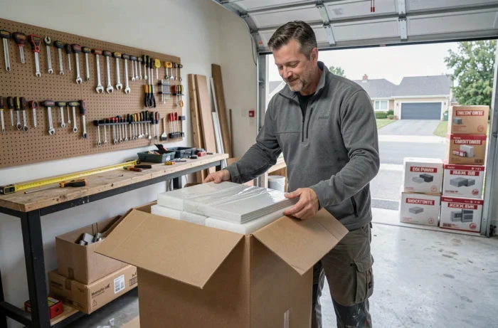 Homme déballant une livraison de carrelage commandé en ligne dans son garage, illustrant la vente à distance de matériaux de construction