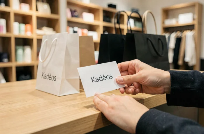 Mains posant une carte cadeau Kadéos Infini sur un comptoir de boutique avec des sacs shopping