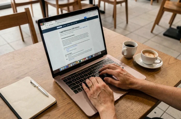 Mains de femme sur ordinateur portable consultant des mentions légales RGPD dans un café