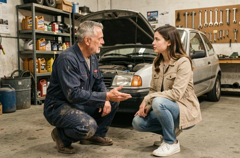 Mécanicien bénévole expliquant une réparation automobile à une cliente dans un garage solidaire associatif