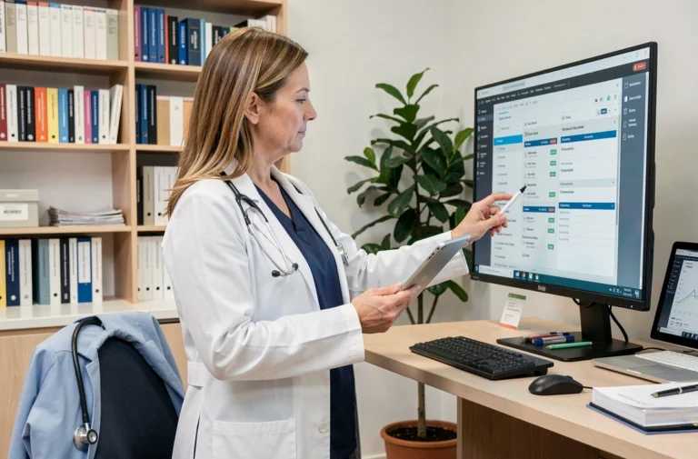 Médecin femme consultant des dossiers médicaux numériques sur un écran dans un bureau hospitalier moderne