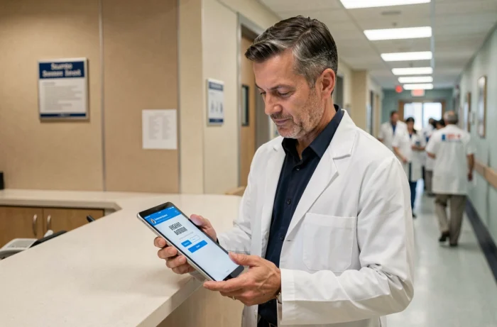 Médecin utilisant une tablette pour réinitialiser un mot de passe expiré sur Medisysnet dans un couloir hospitalier