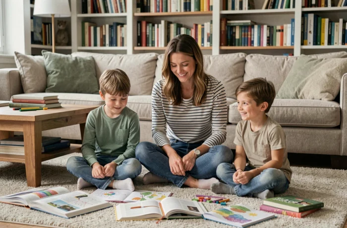 Mère et enfants faisant des activités créatives ensemble sur un tapis de salon dans une ambiance chaleureuse et détendue