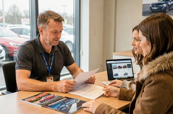 Couple français en négociation avec un vendeur automobile polonais dans un bureau de concession à Varsovie