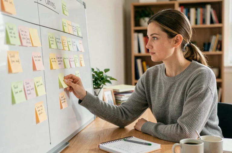 Femme organisant un plan de site sur un tableau blanc avec des notes autocollantes dans un bureau à domicile