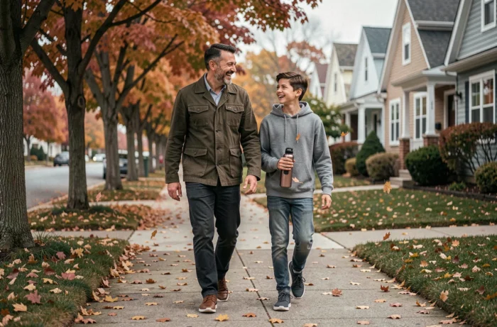 Père et adolescent se promenant côte à côte dans une rue bordée d'arbres en automne avec des feuilles tombées au sol