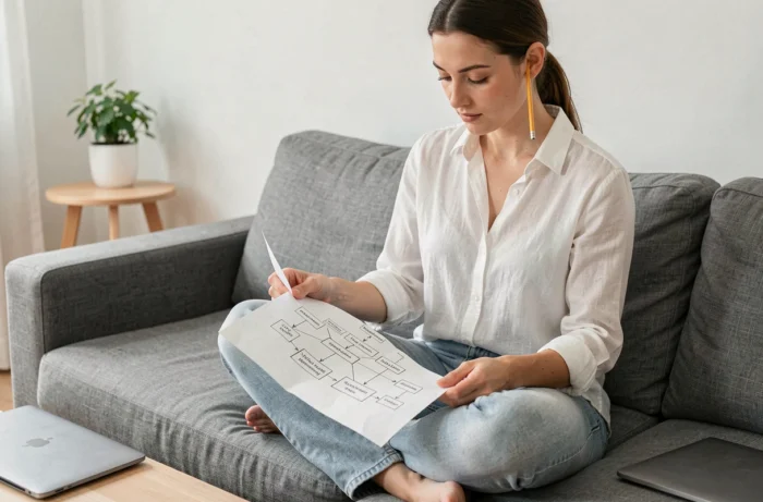 Jeune femme travaillant sur un plan de navigation de blog dessiné à la main dans un salon minimaliste