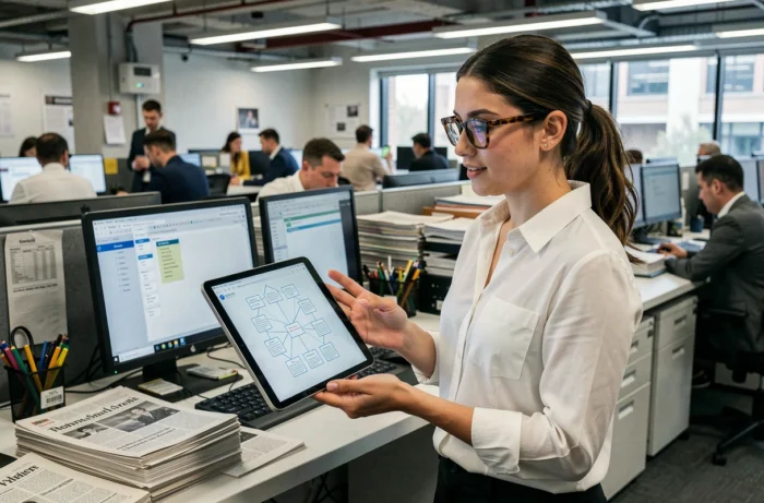 Journaliste expliquant le plan de navigation d'un site média sur une tablette dans une rédaction