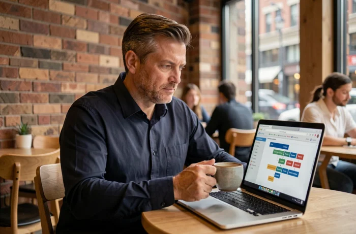 Homme explorant la navigation d'un site de presse en ligne depuis un café avec son ordinateur portable