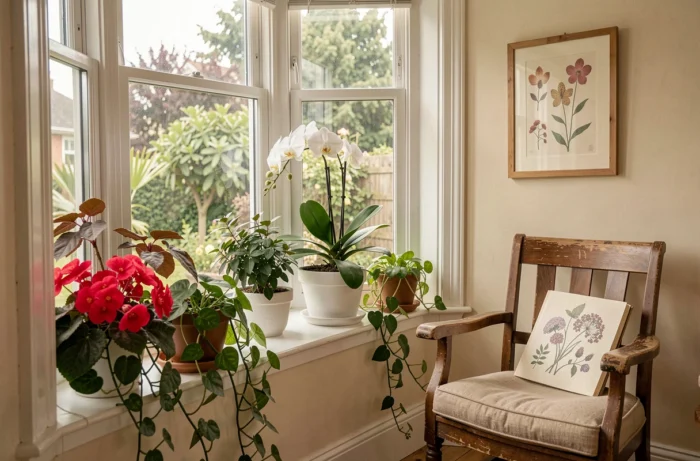 Appui de fenêtre intérieur décoré de plantes fleuries dont une orchidée blanche, des bégonias et des pothos dans un salon chaleureux