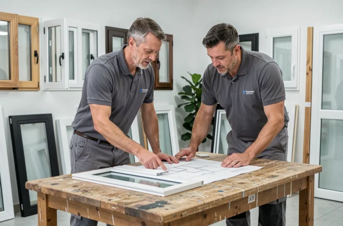 Deux professionnels de la rénovation comparant des échantillons de menuiserie dans un showroom en Picardie