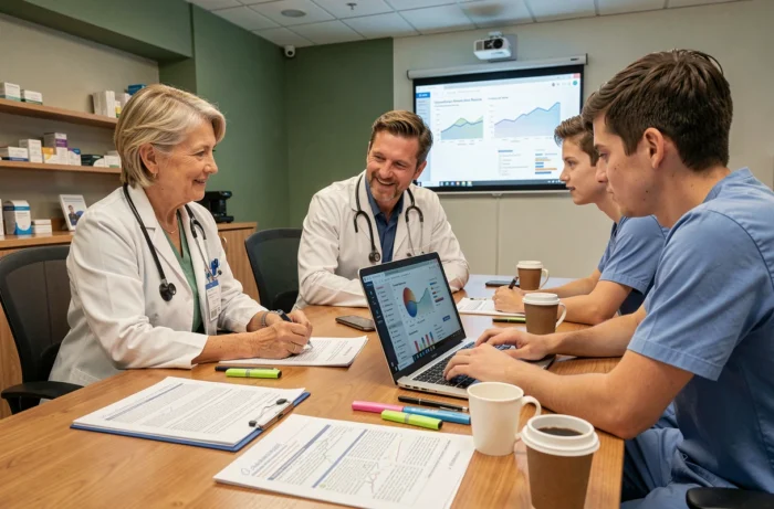 Professionnels de santé en réunion autour de ressources médicales imprimées et numériques