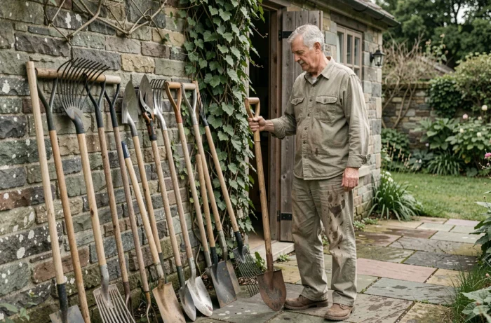 Homme qui range des outils de jardinage contre le mur d'un cabanon de jardin en pierre