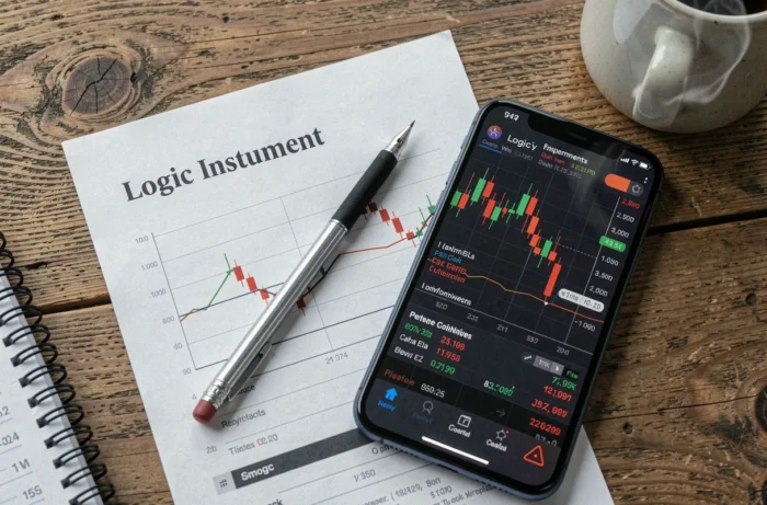 Vue aérienne d'un bureau avec rapport boursier imprimé Logic Instrument, smartphone affichant des cours en temps réel et carnet financier