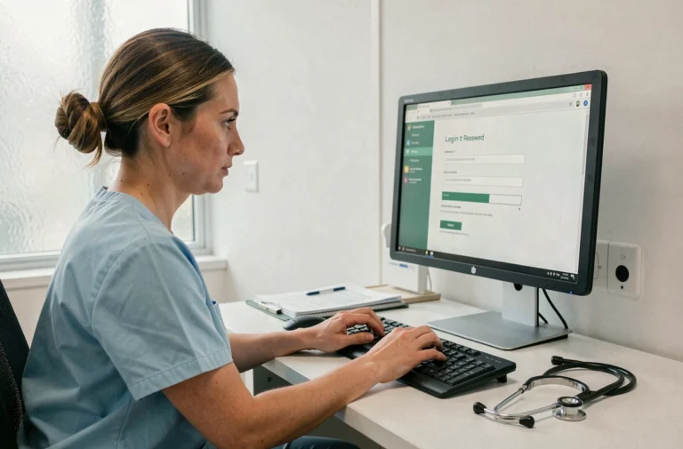 Professionnelle de santé réinitialisant son mot de passe expiré sur un poste médical Medisysnet dans un bureau clinique